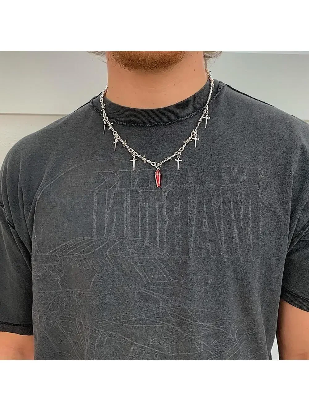 Y2k 2000s punk barbed wire knife cross red coffin pendant emo grunge style